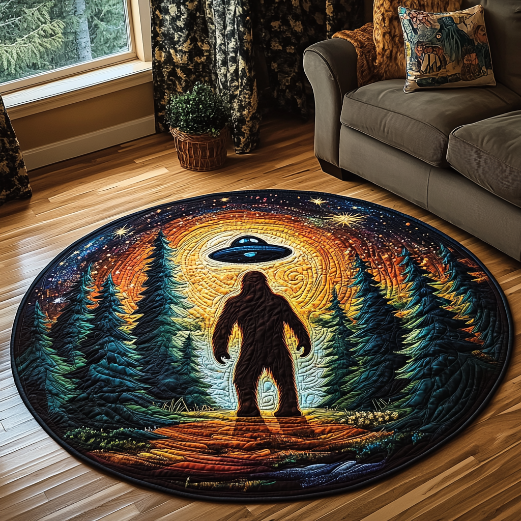 Forest Sasquatch and UFO Quilted Round Mat Living Room Theme Ideas Mother's Day Gifts For Friends