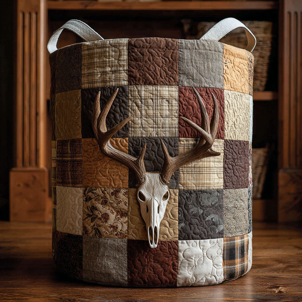 Forest Spirit Quilted Laundry Basket Deer Skull Patchwork Clothes Hamper Rustic Cabin Gift