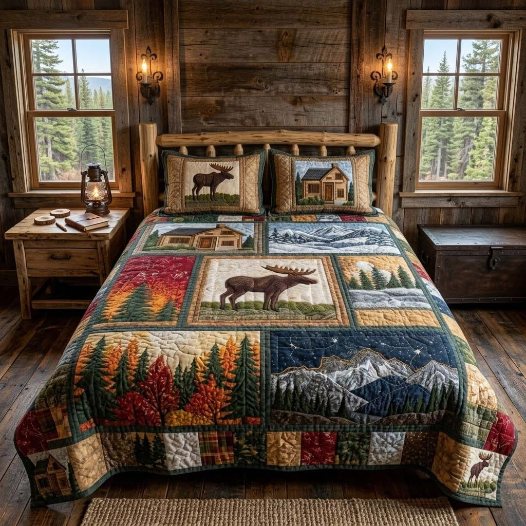 Forest Theme Majestic Moose Mountain Quilted Bedding Set Nature Comforter Gift For Dad