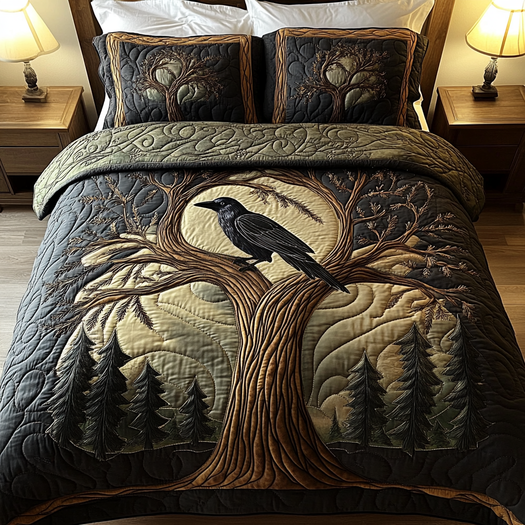 Forest Whisper Quilted Bedding Set Bed Sheet Set Crow Themed Gifts