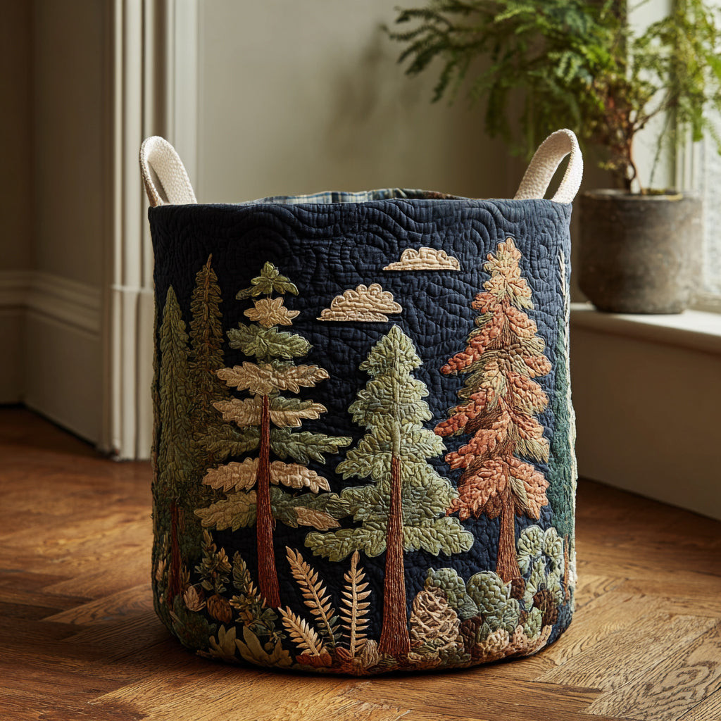 Forest Whisper Quilted Laundry Basket Pine Tree Forest Hamper Fabric Nature Cabin Gift