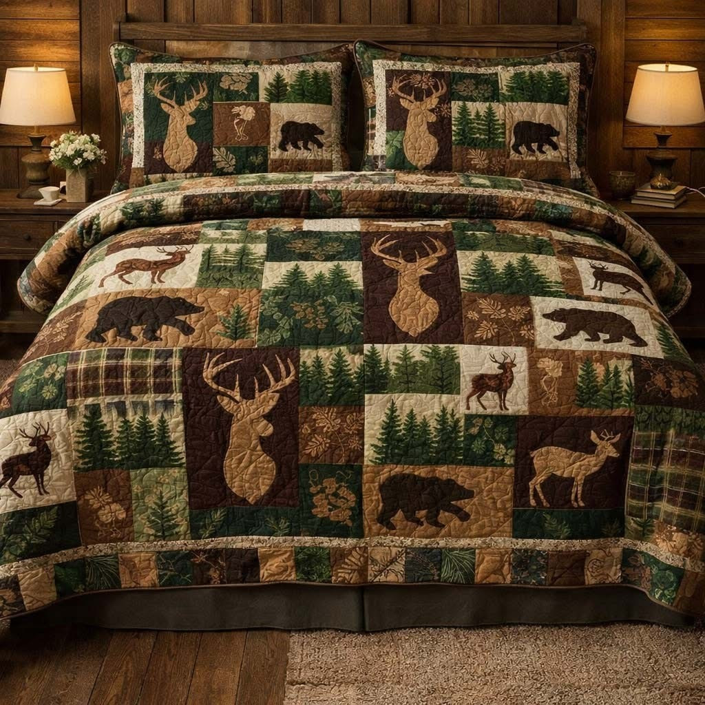 Forest Wildlife Patchwork Quilted Bedding Set Rustic Duvet Cover Set Gifts For Hunter