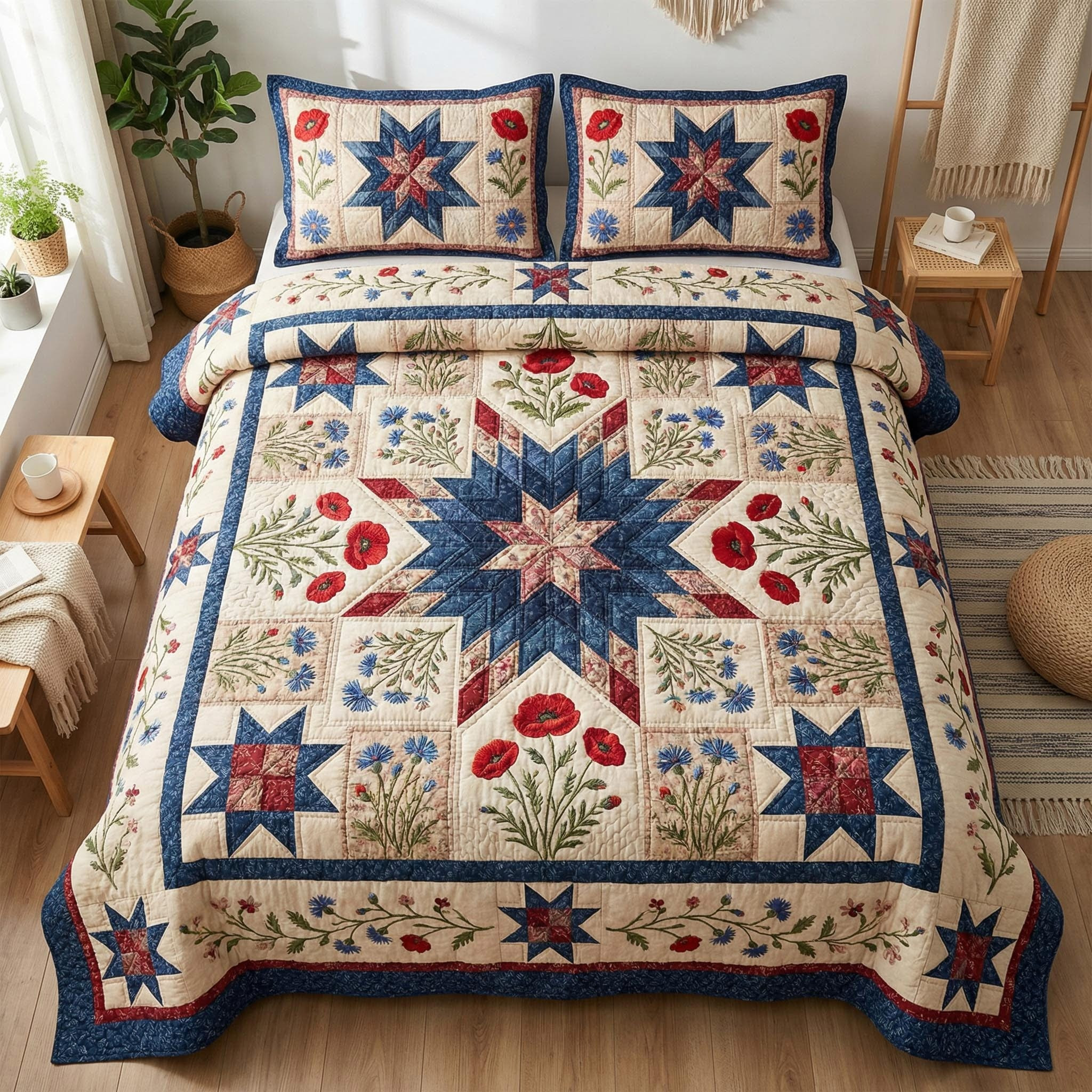 Freedom Blossom Quilted Bedding Set Blossom Star Comforter Gift Decor For Home