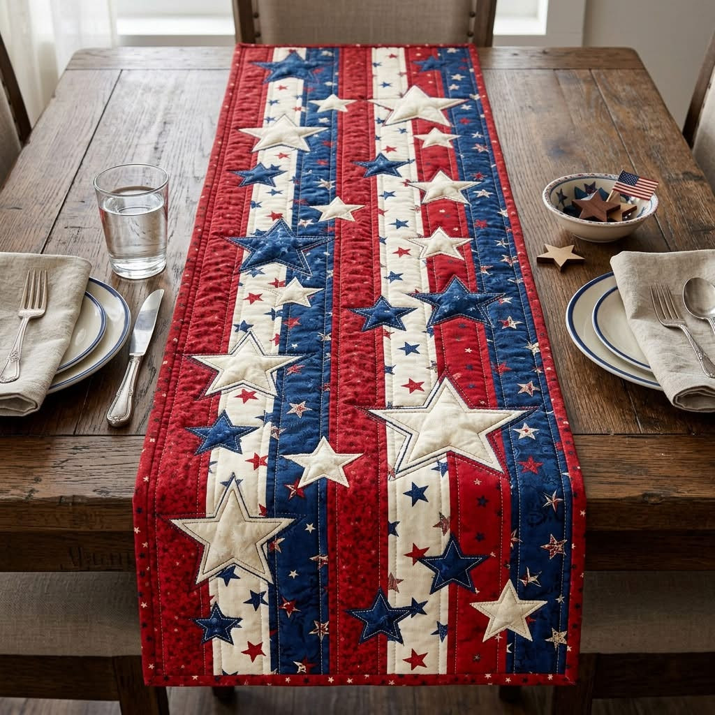 Freedom Stars Quilted Table Runner Dining Room Decor Gift for Grandma