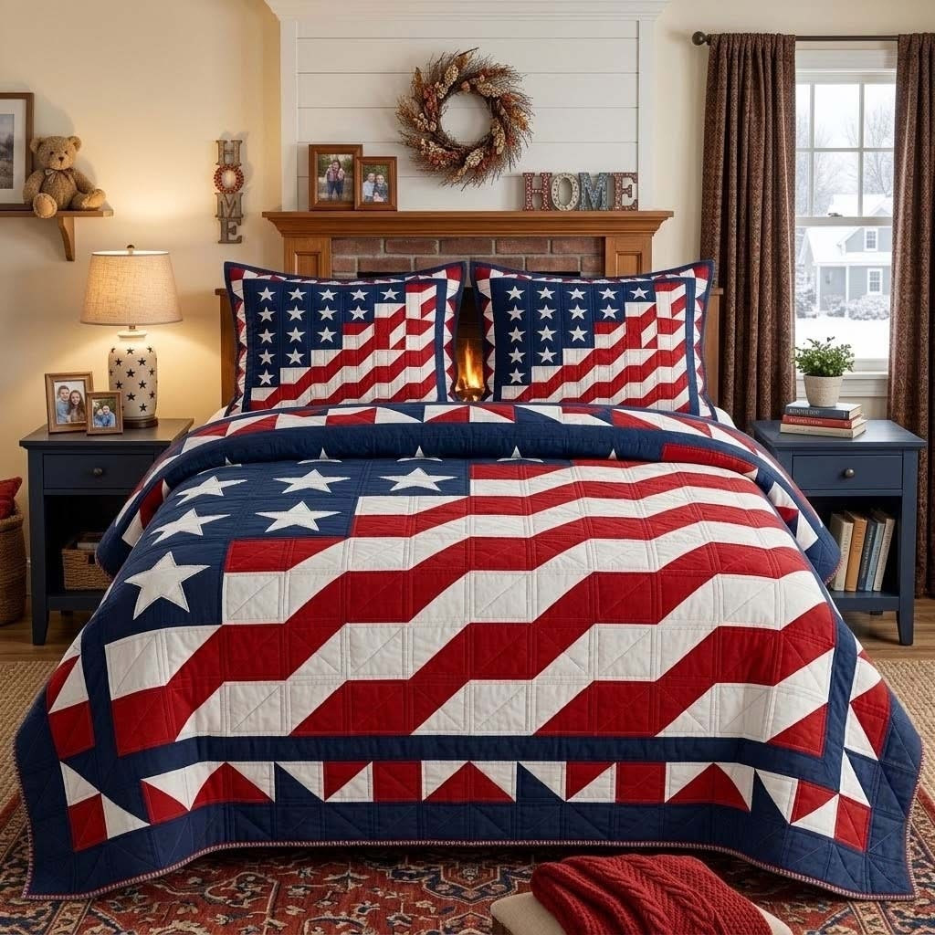 Freedom Wave Quilted Bedding Set American Flag Patriotic Home Decor 4th Of July Gifts