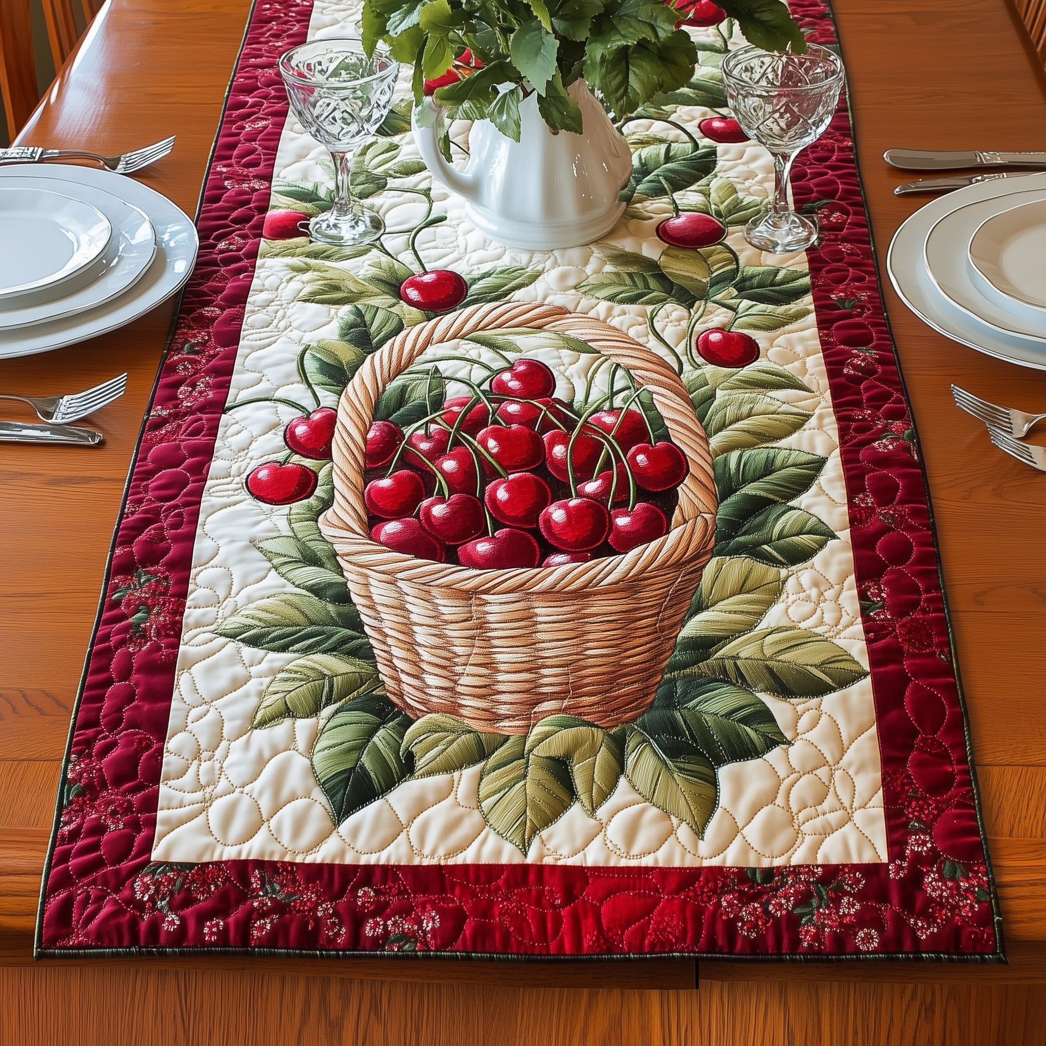 Fresh Cherry Baskets Quilted Table Runner Dining Room Table Runners Mother's Day Delivery