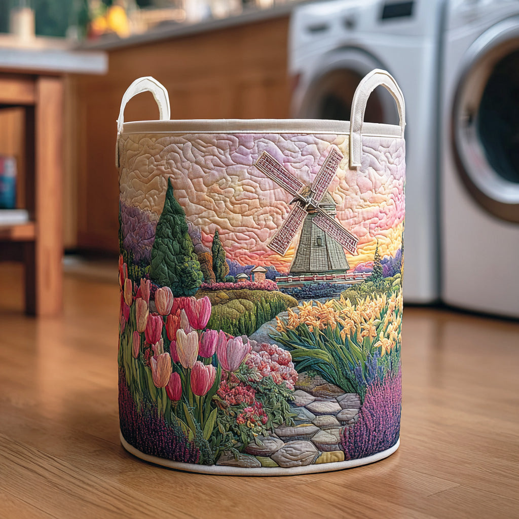 Fresh Fields Quilted Laundry Basket Windmill Tulip Field Hamper Country Decor Gift For Dad