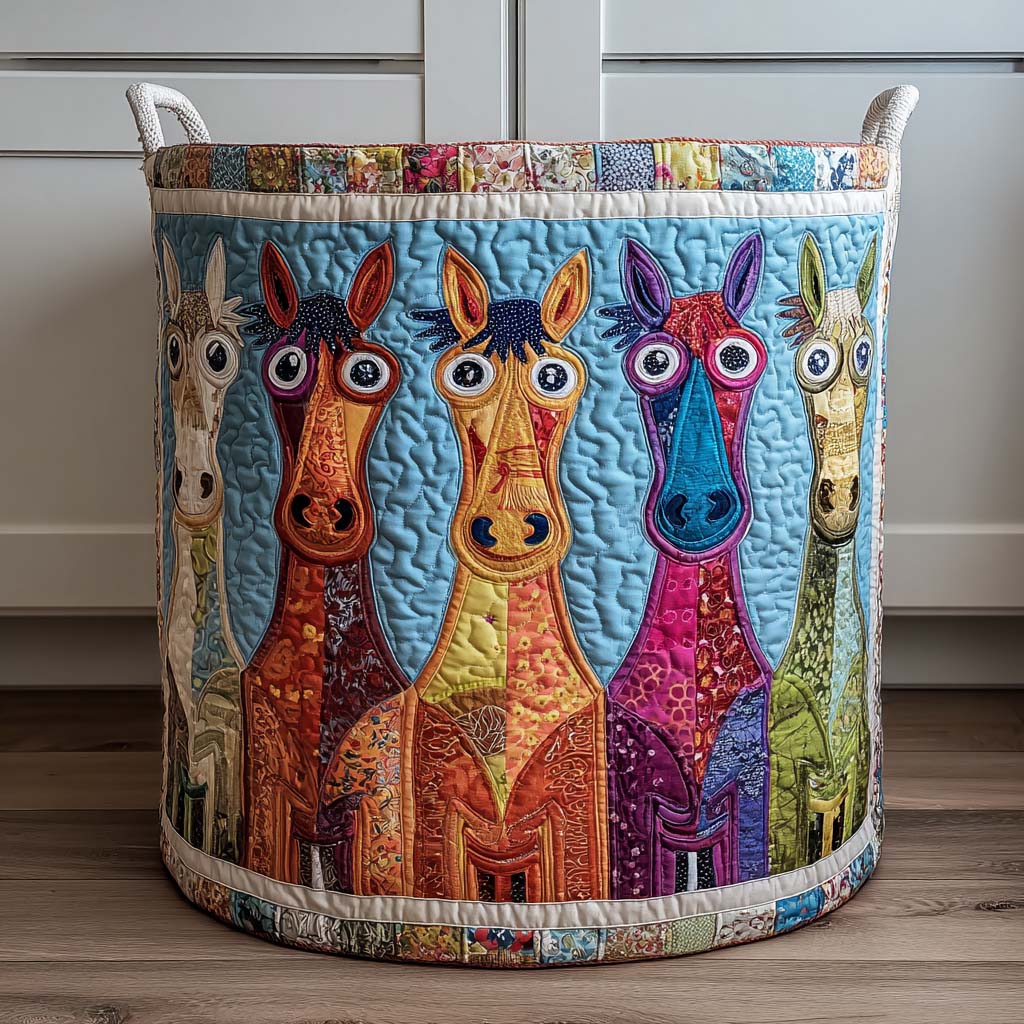 Friendly Fillies Quilted Laundry Basket Colorful Horse Hamper Fabric New Home Gift