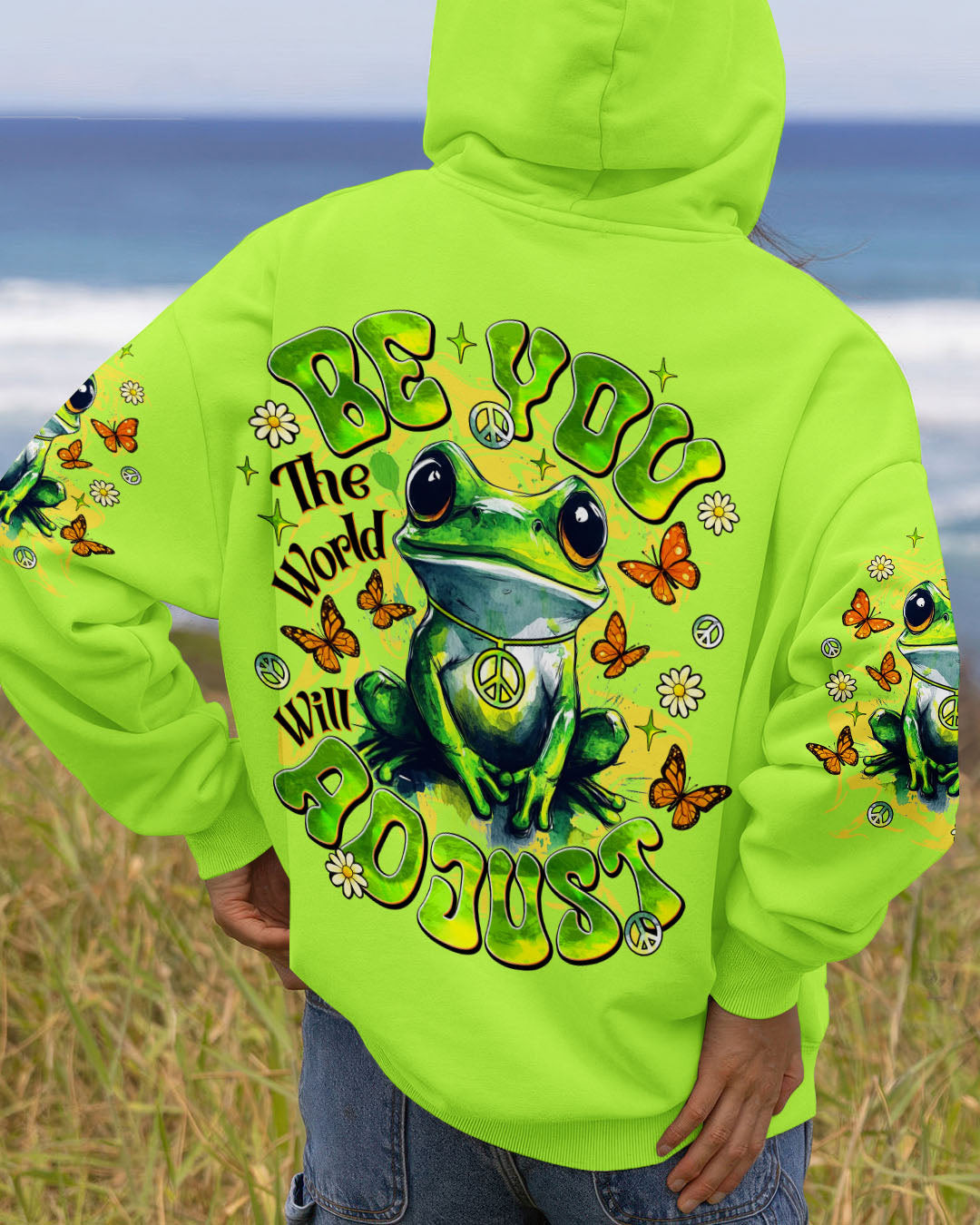 Frog Be You The World Will Adjust Hoodie Colorful Frog Flower With Peace Sign Gift For Wife