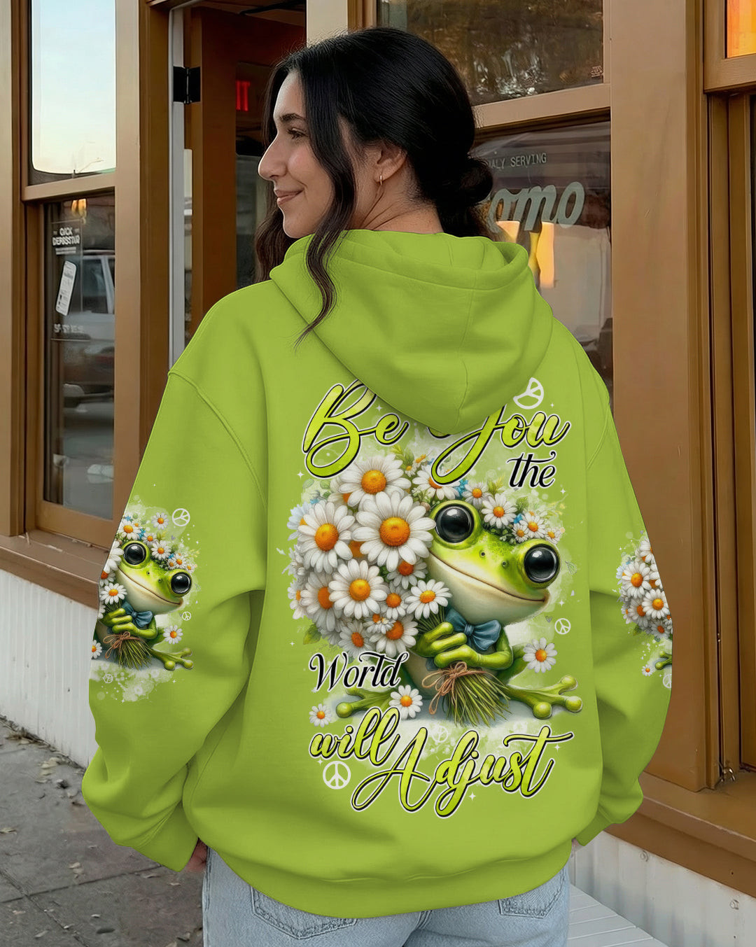 Frog Be You The World Will Adjust Hoodie Cute Frog With Daisy Bouquet Peace Sign Gift For Women - Image 2