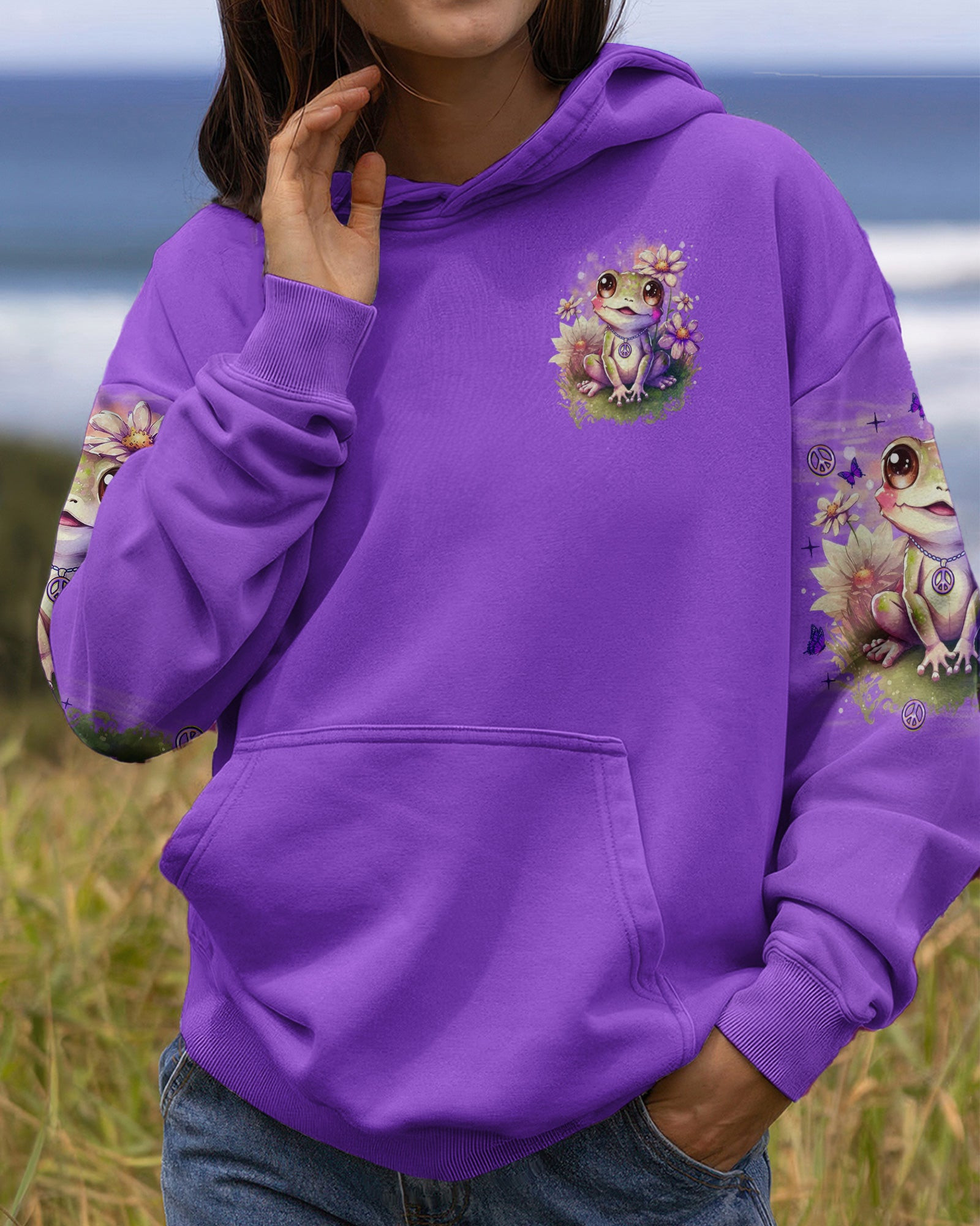 Frog Be You The World Will Adjust Hoodie Purple Frog With Peace Symbols Flowers Gift For Wife - Image 2