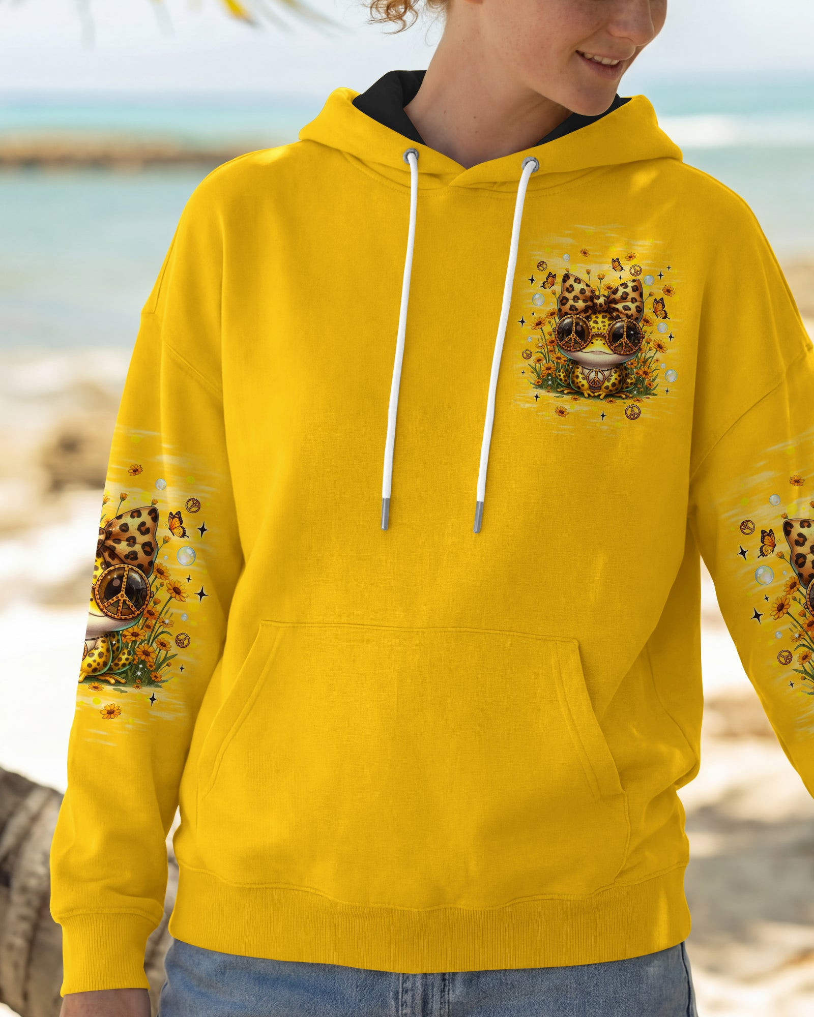 Frog Be You The World Will Adjust Hoodie Yellow Frog With Leopard Bow Peace Sign Gift For Wife