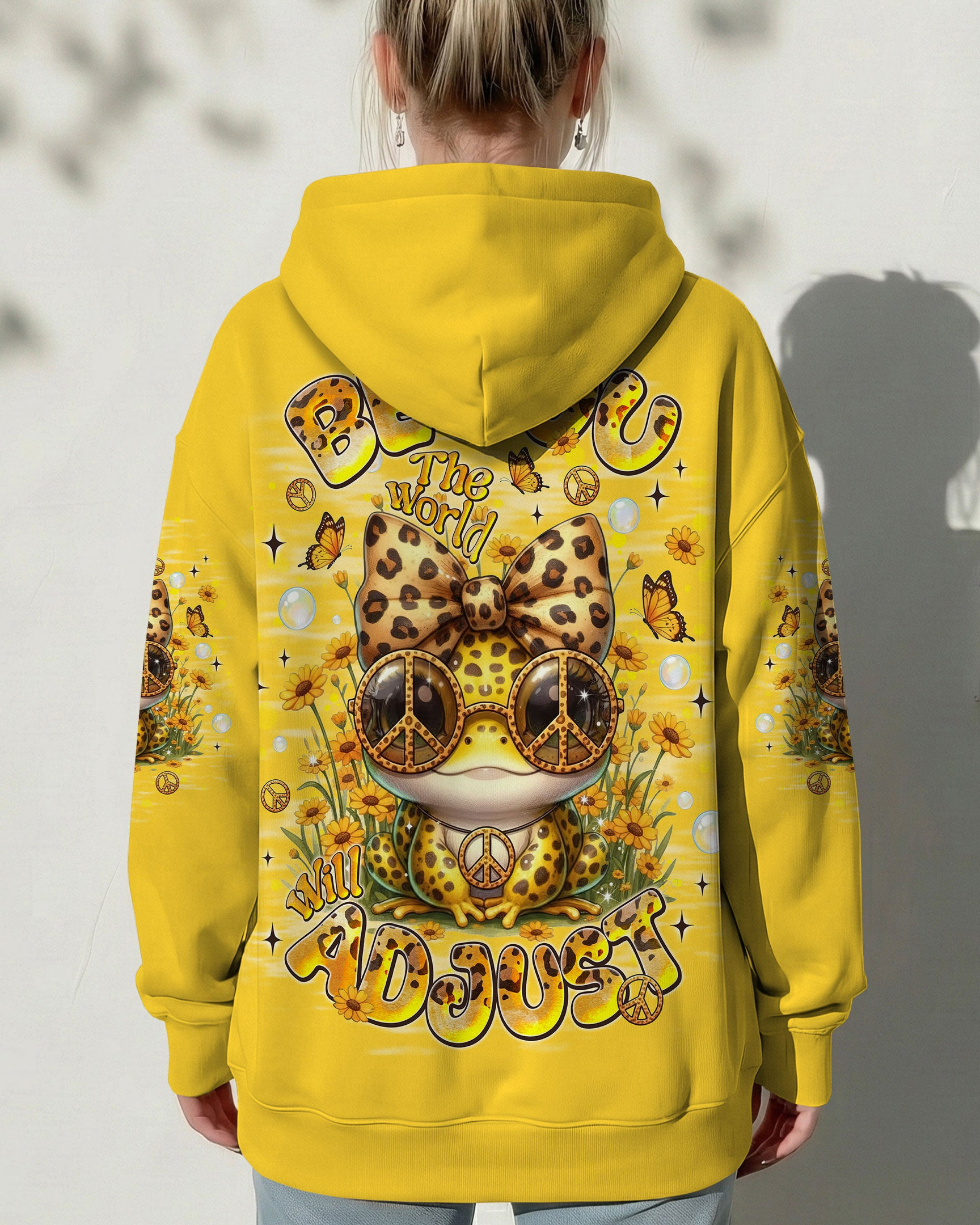 Frog Be You The World Will Adjust Hoodie Yellow Frog With Leopard Bow Peace Sign Gift For Wife - Image 2