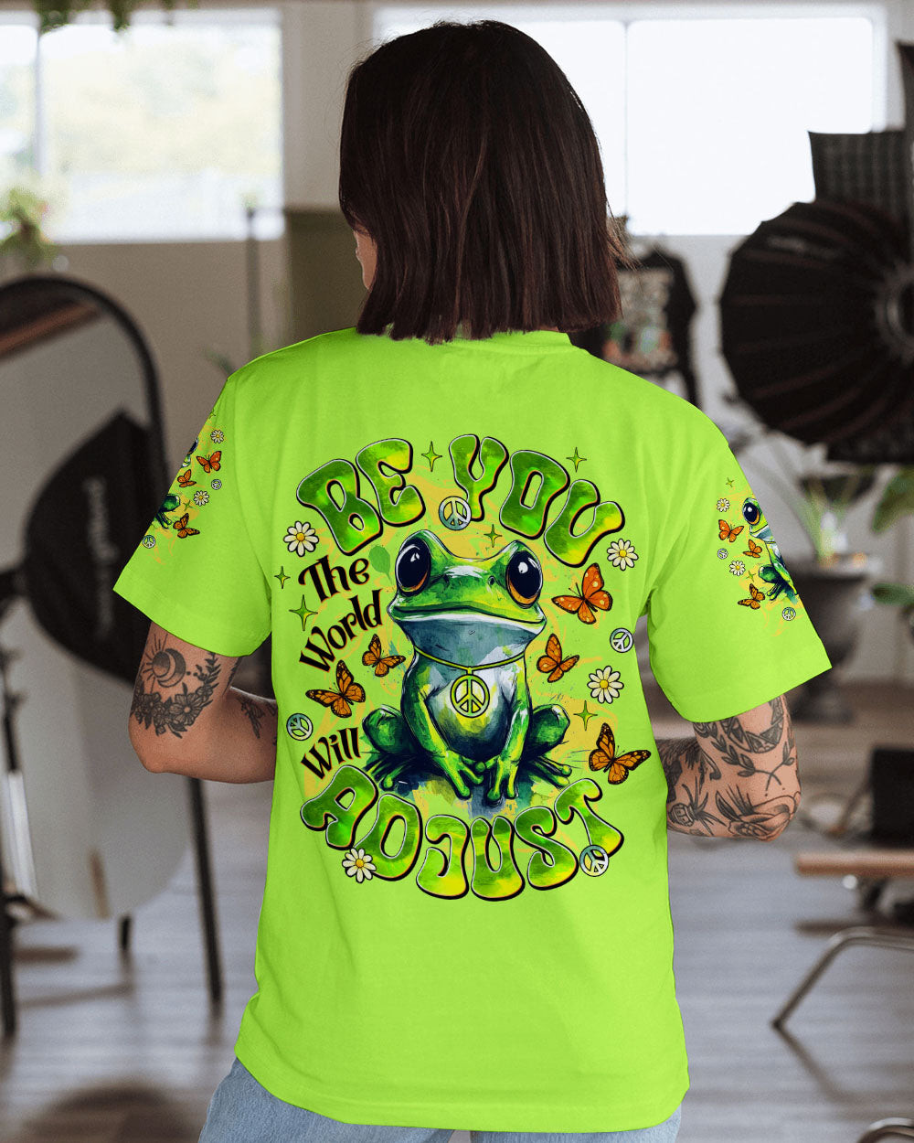 Frog Be You The World Will Adjust T-Shirt Colorful Frog Flower With Peace Sign Gift For Daughter - Image 2
