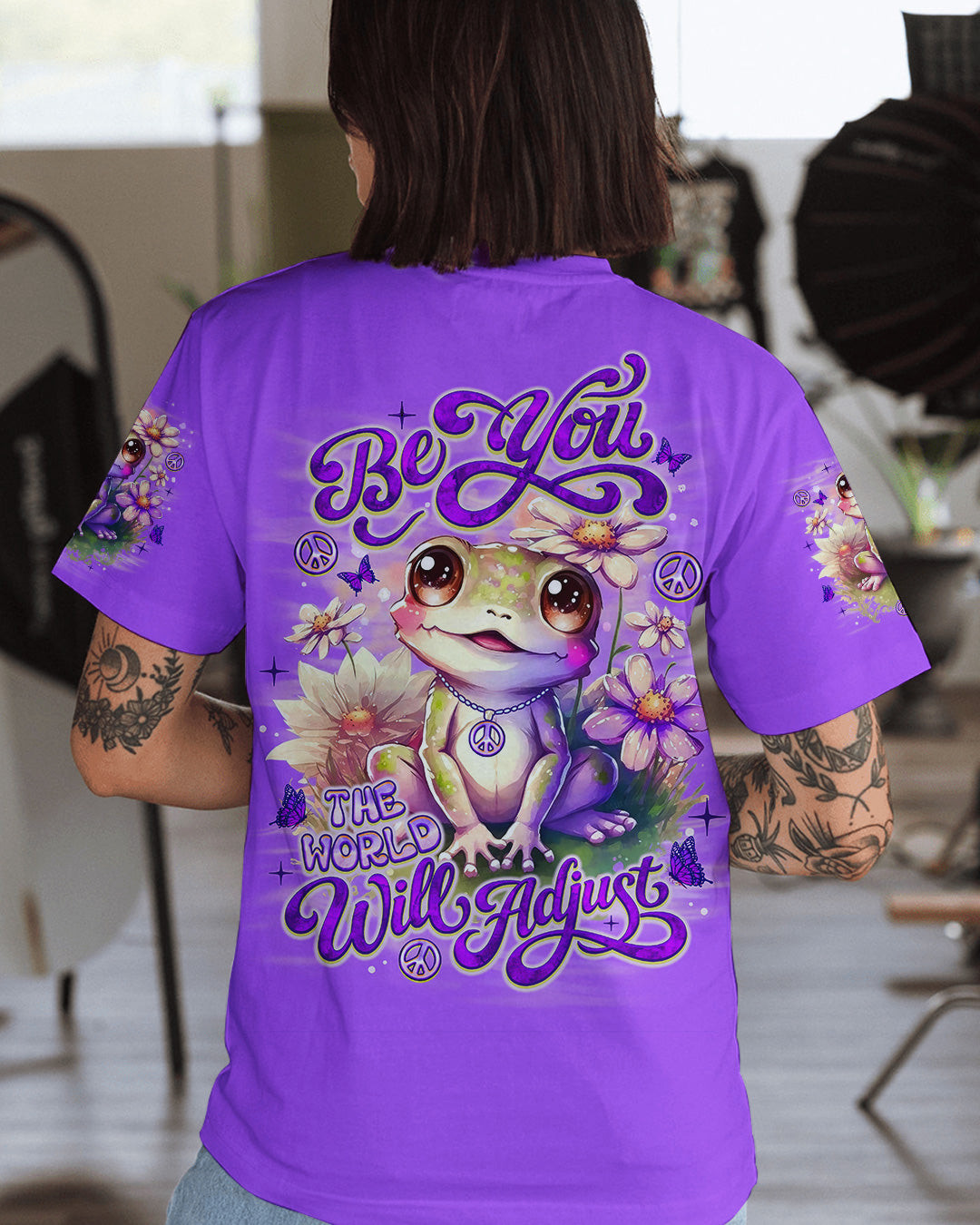 Frog Be You The World Will Adjust T-Shirt Purple Frog With Peace Symbols Flowers Gift For Wife - Image 2