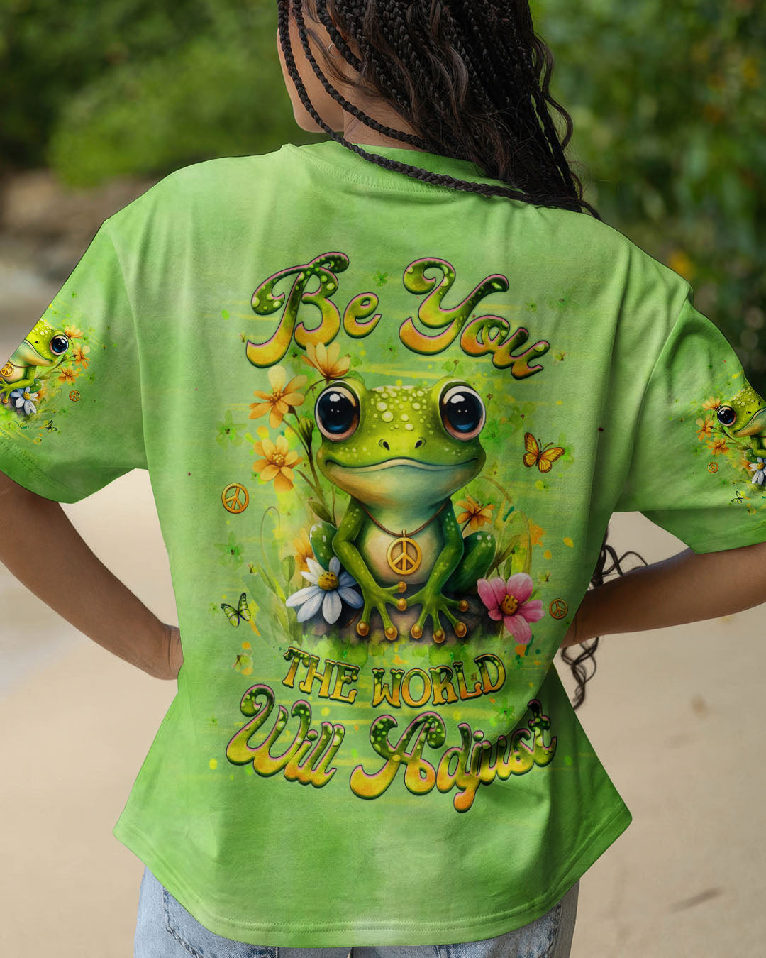 Frog Be You The World Will Adjust Tie Dye T-Shirt Frog With Daisy Bouquet Peace Sign For Women - Image 2