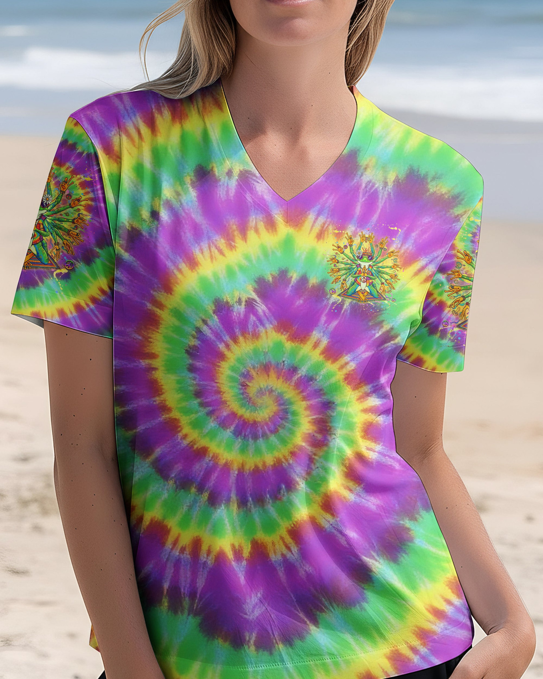 Frog Be You The World Will Adjust V-Neck Shirt Colorful Tie-Dye Frog With Peace Signs For Sister