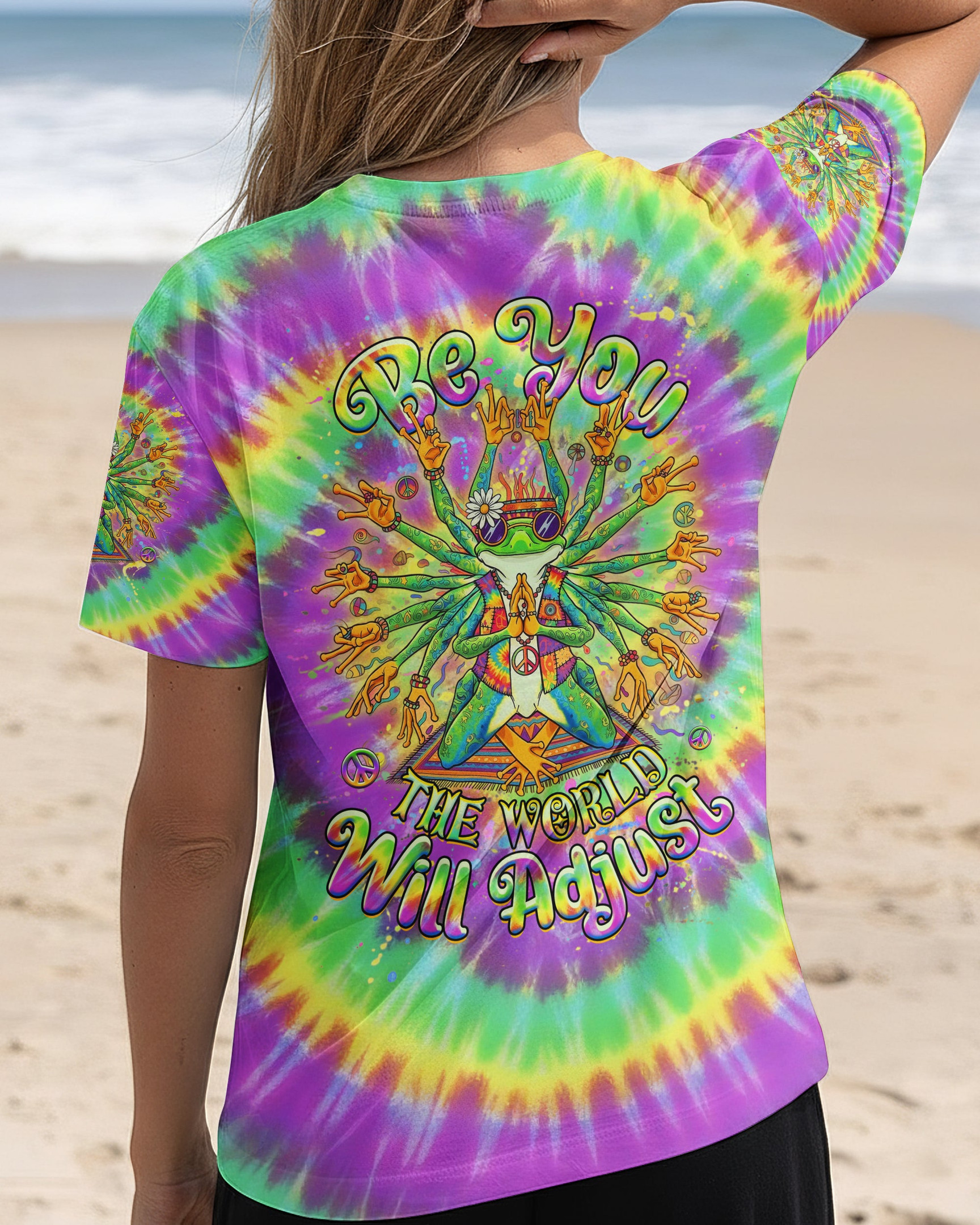 Frog Be You The World Will Adjust V-Neck Shirt Colorful Tie-Dye Frog With Peace Signs For Sister - Image 2