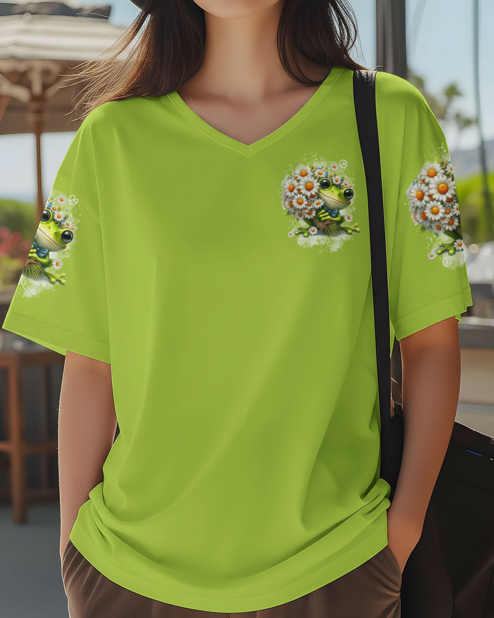 Frog Be You The World Will Adjust V-Neck Shirt Frog With Daisy Bouquet Peace Sign For Daughter