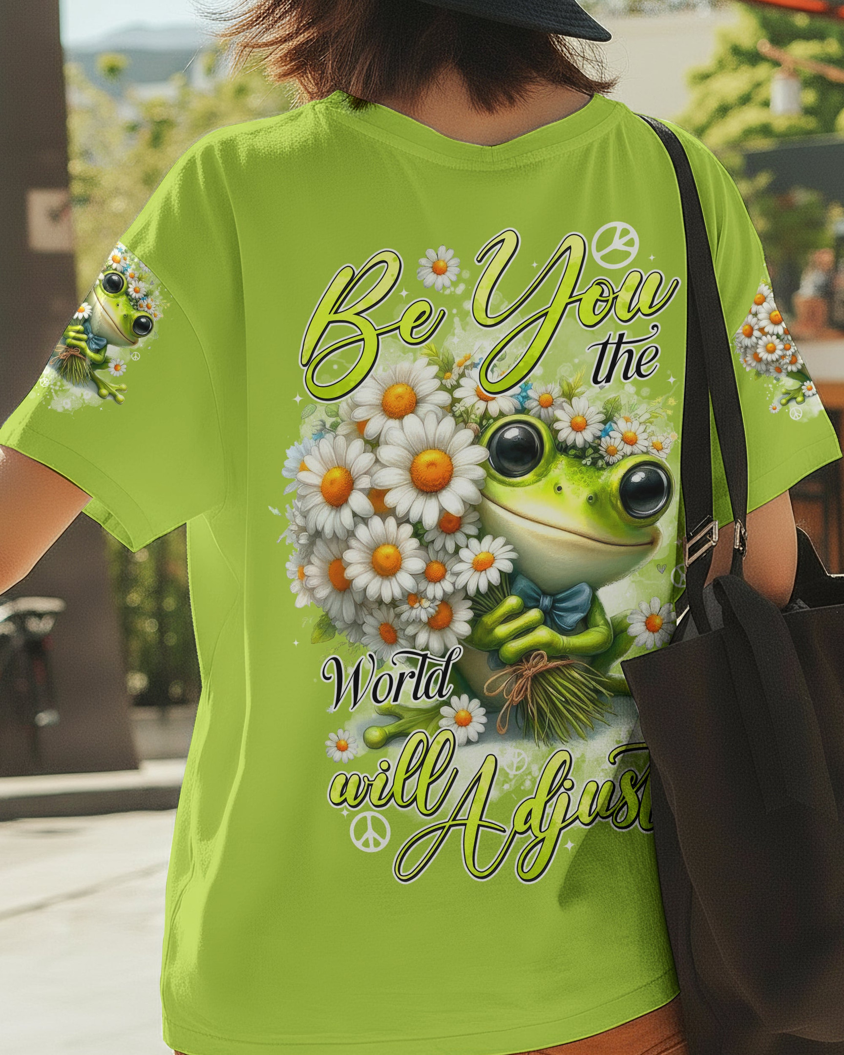 Frog Be You The World Will Adjust V-Neck Shirt Frog With Daisy Bouquet Peace Sign For Daughter - Image 2