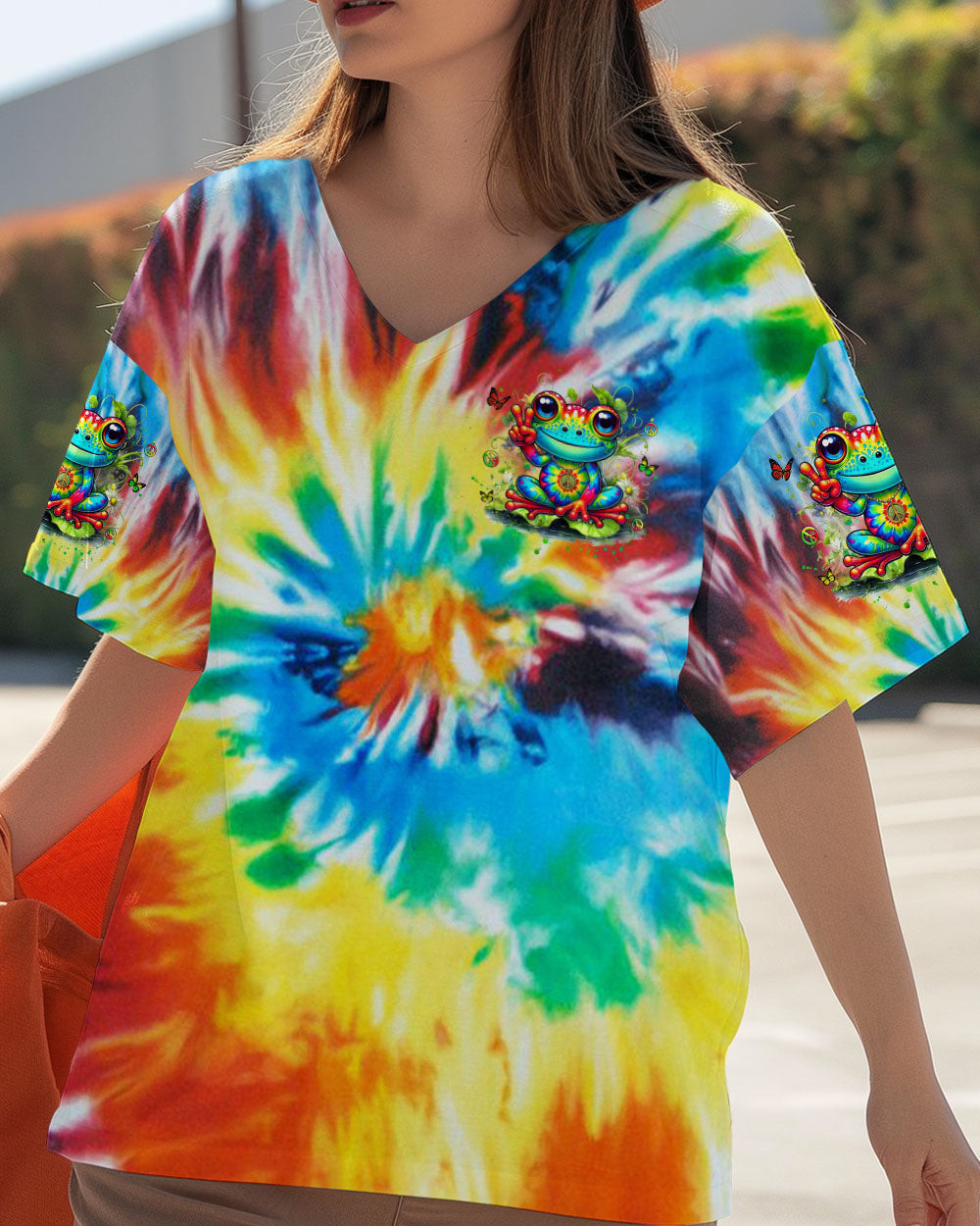 Frog Be You The World Will Adjust V-Neck Shirt Tie-Dye Unique Frog With Peace Signs For Daughter