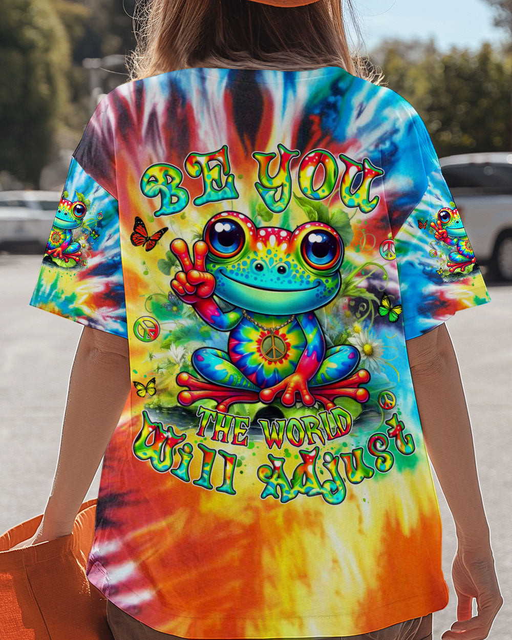 Frog Be You The World Will Adjust V-Neck Shirt Tie-Dye Unique Frog With Peace Signs For Daughter - Image 2