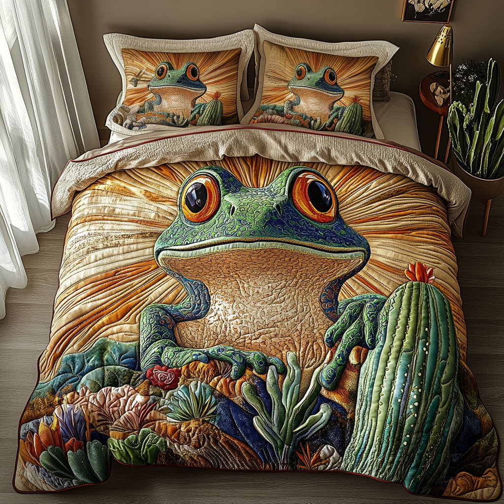 Frogs Cacti Quilted Bedding Set Unique Bed Sheet Set Funny Frog Gifts