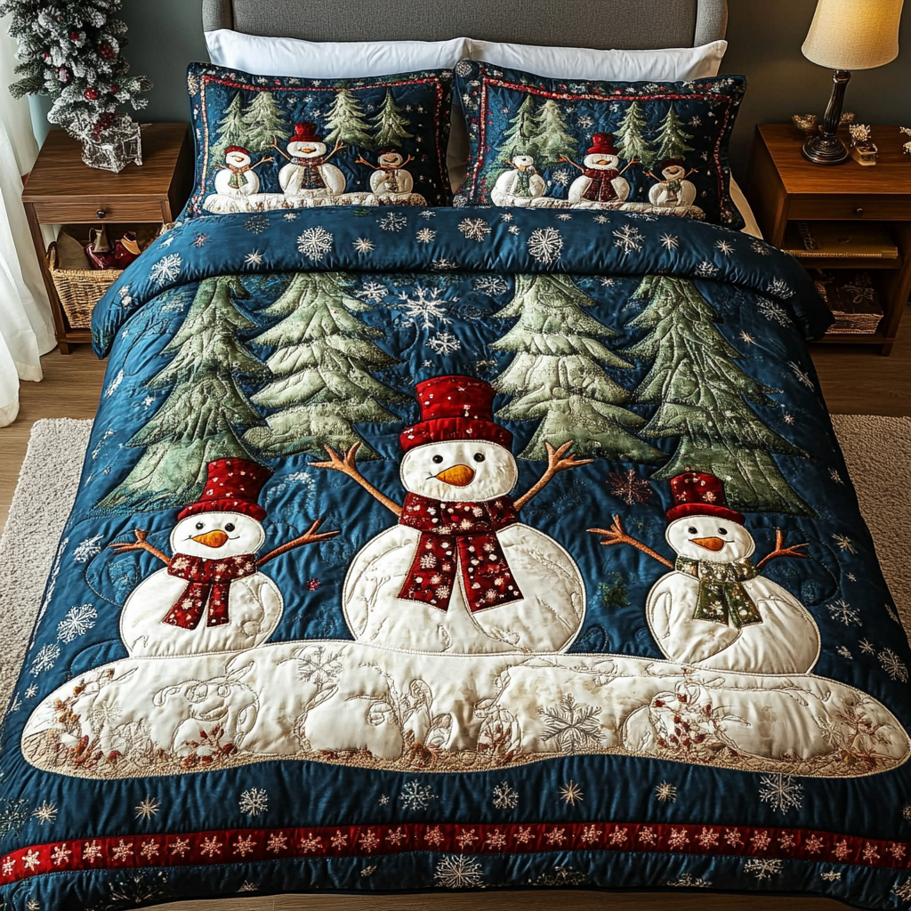 Frosted Joy Quilted Bedding Set Holiday Duvet Covers Gifts For Snowman Lovers