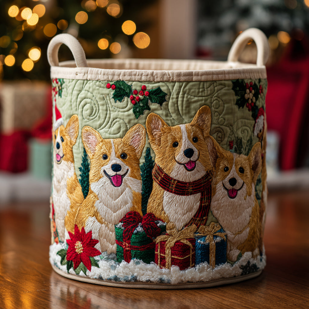 Frosty Corgi Wishes Quilted Laundry Basket Modern Clothes Hamper Christmas Present Ideas
