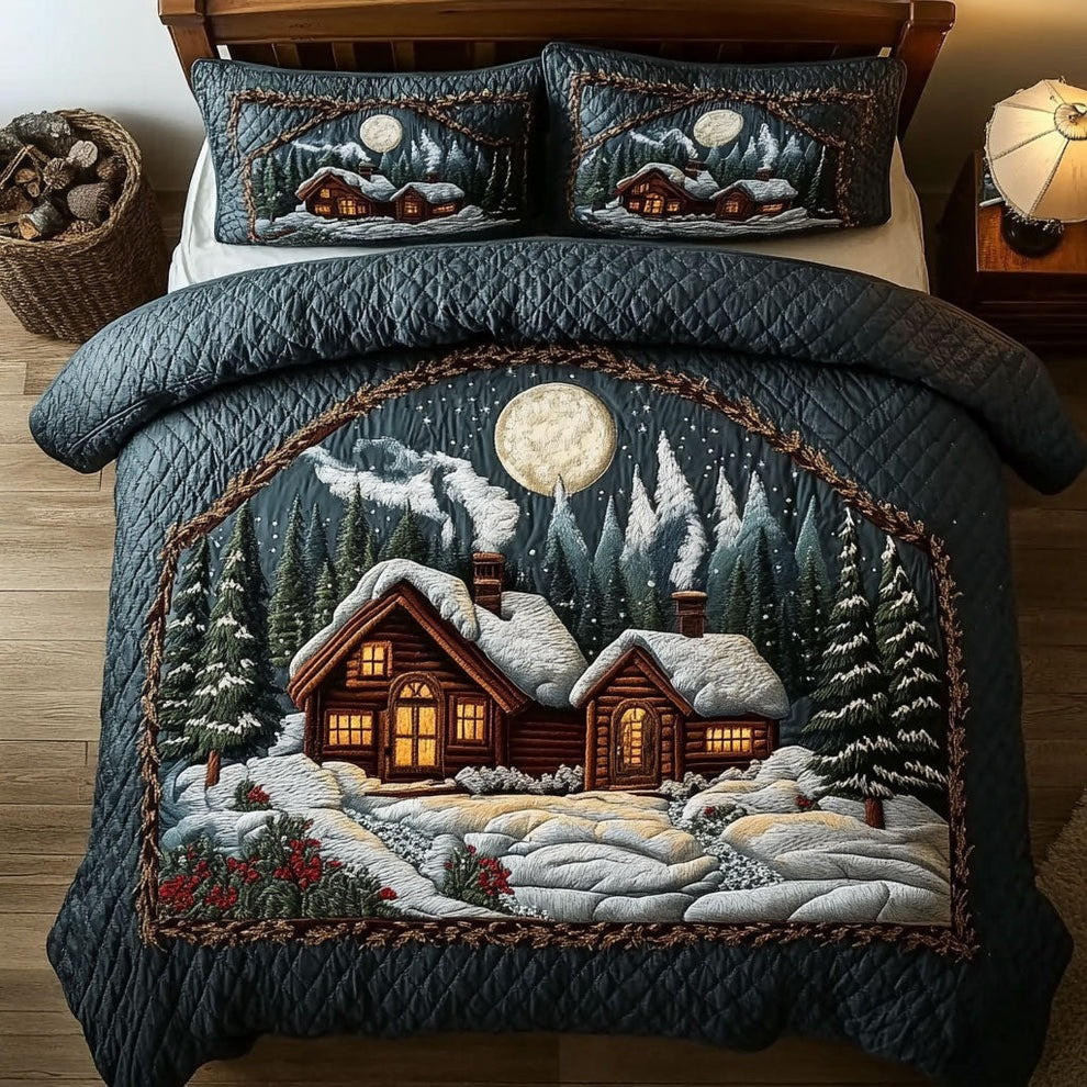 Frozen Moon Forest Cabin Quilted Bedding Set Christmas Bedding Sets Gift For Xmas 2025