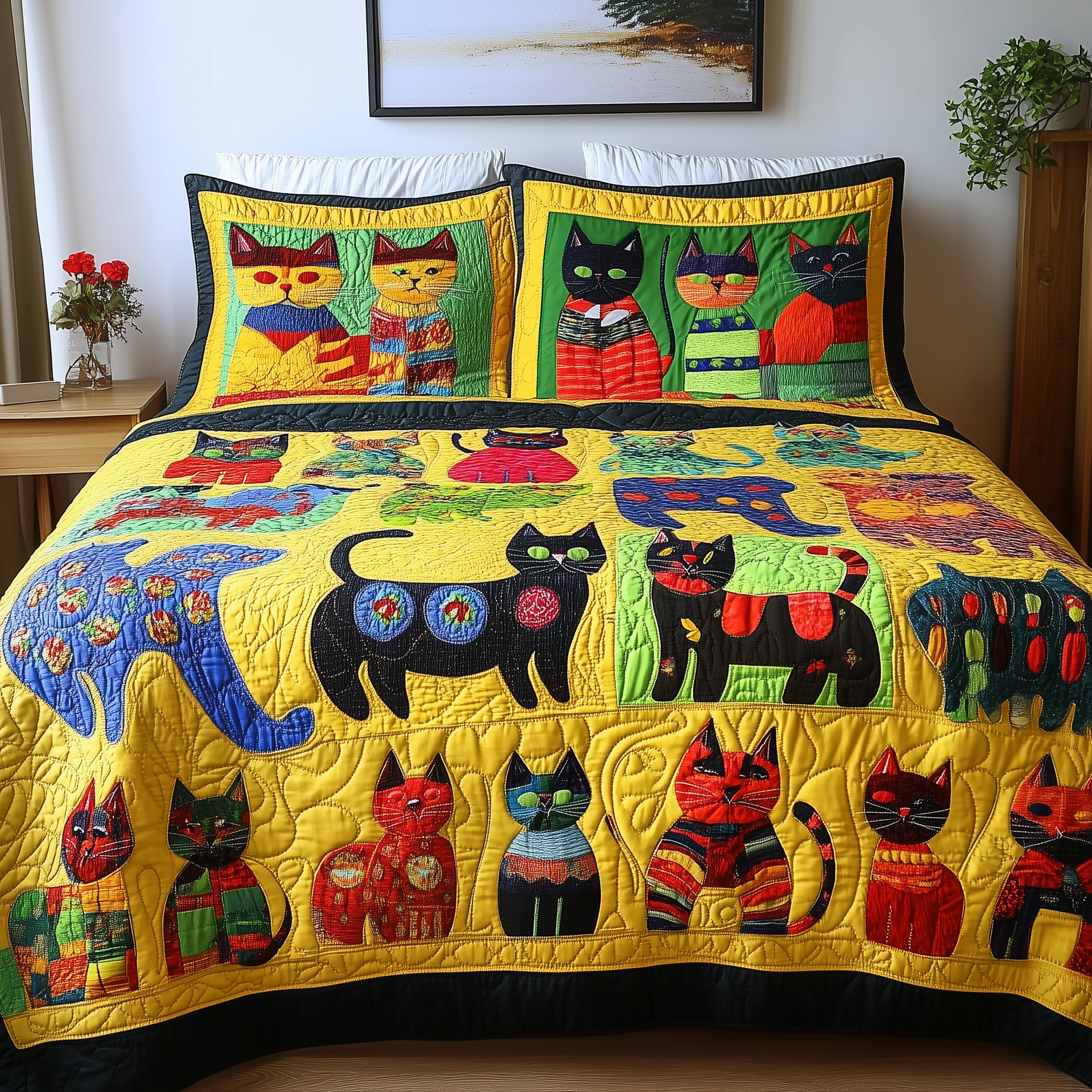 Funky Cats Quilted Bedding Set Boho Bedroom Decor Birthday Gifts For Cat