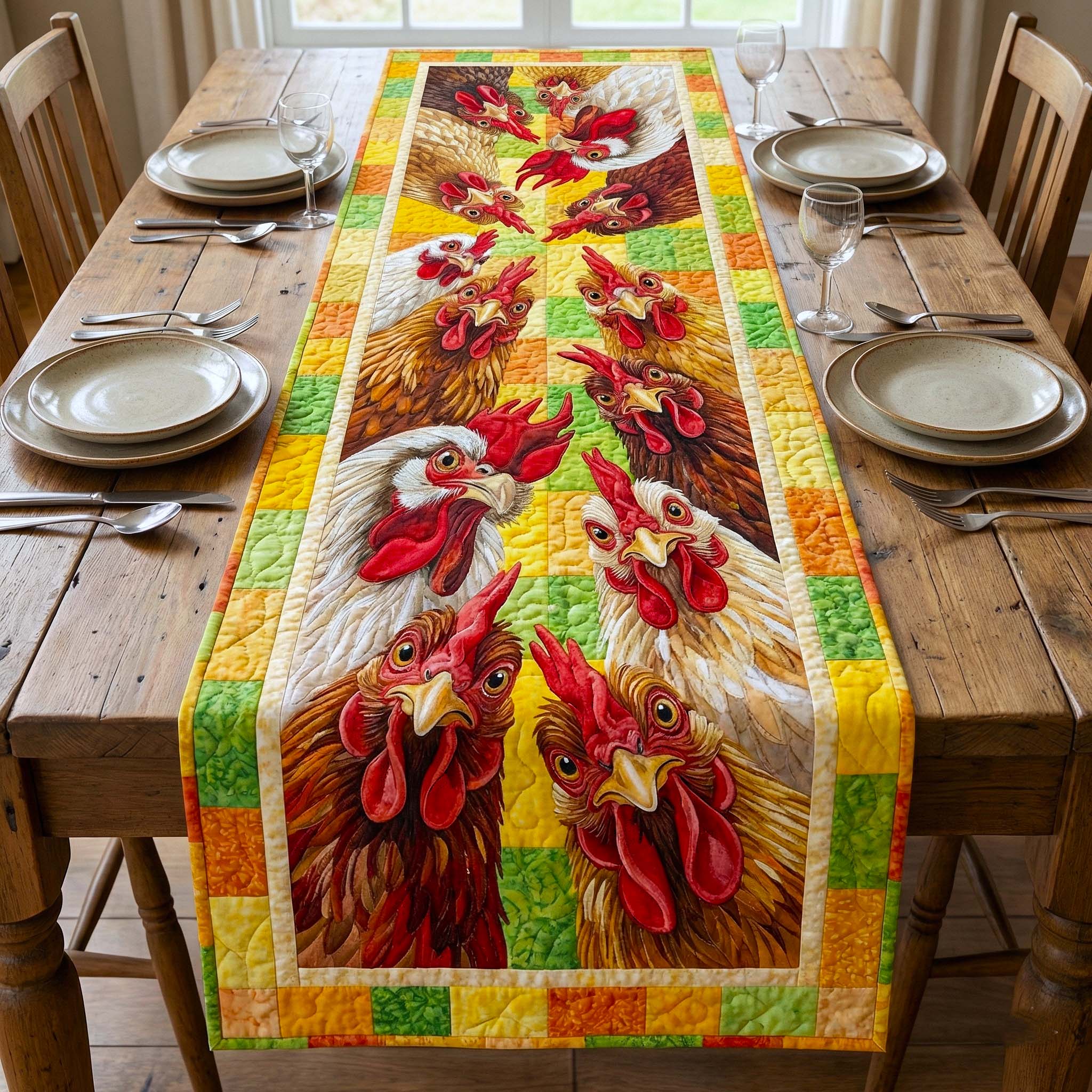 Funky Chicken Quilted Table Runner Farmhouse Style Table Runners Gifts For People Who Own Chickens