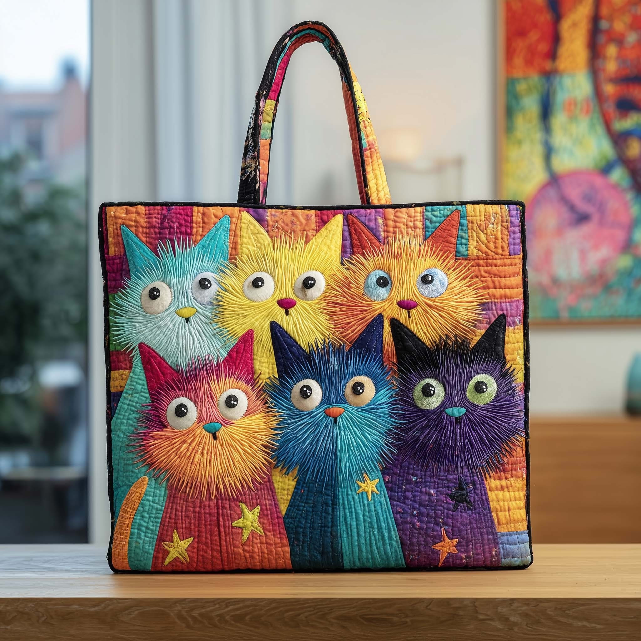 Funky Feline Quilted Tote Bag Funny Cat Colorful Handbag Unique Gifts For Cat Lovers