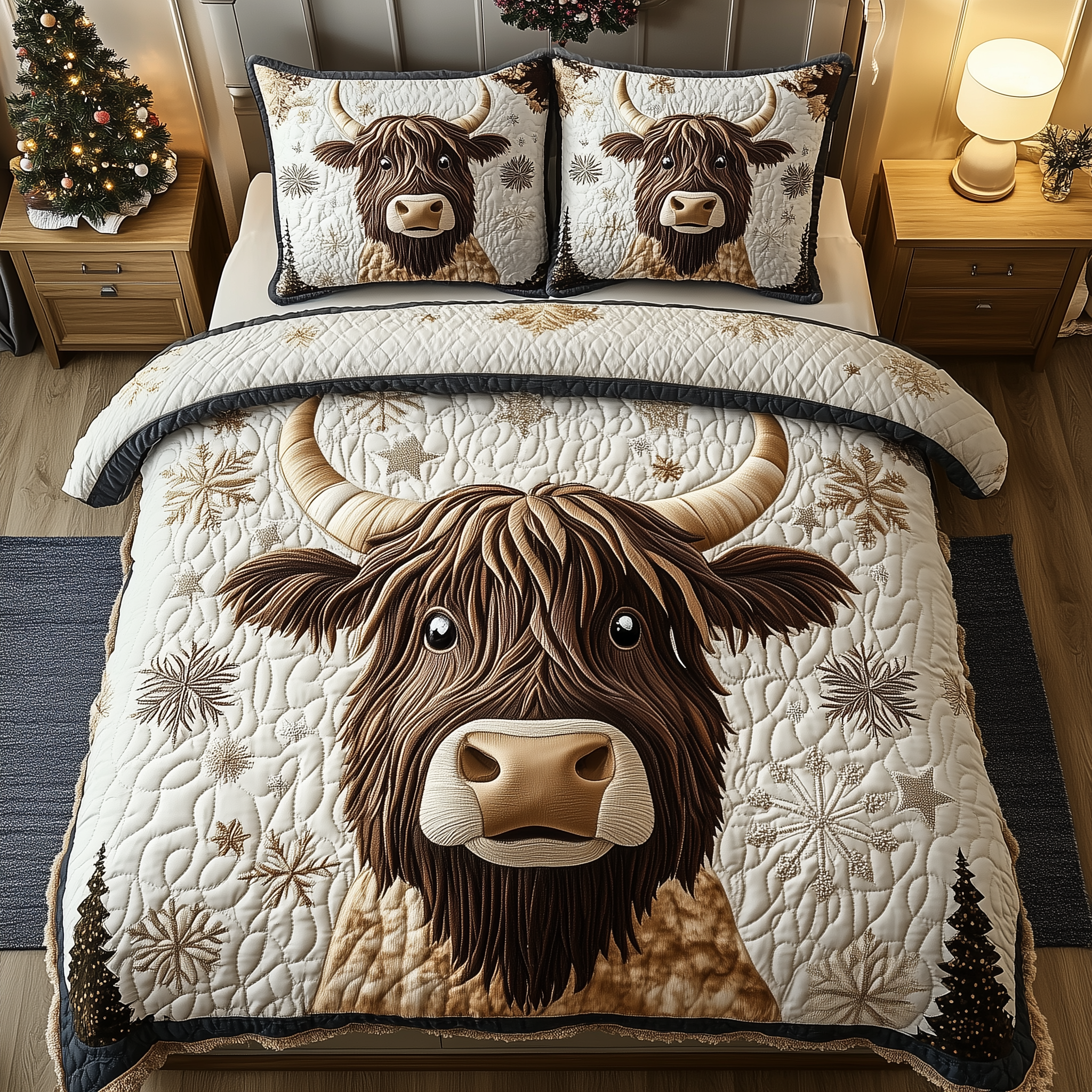 Funky Highland Cow Quilted Bedding Set Christmas Duvet Cover Set Good Christmas Gifts