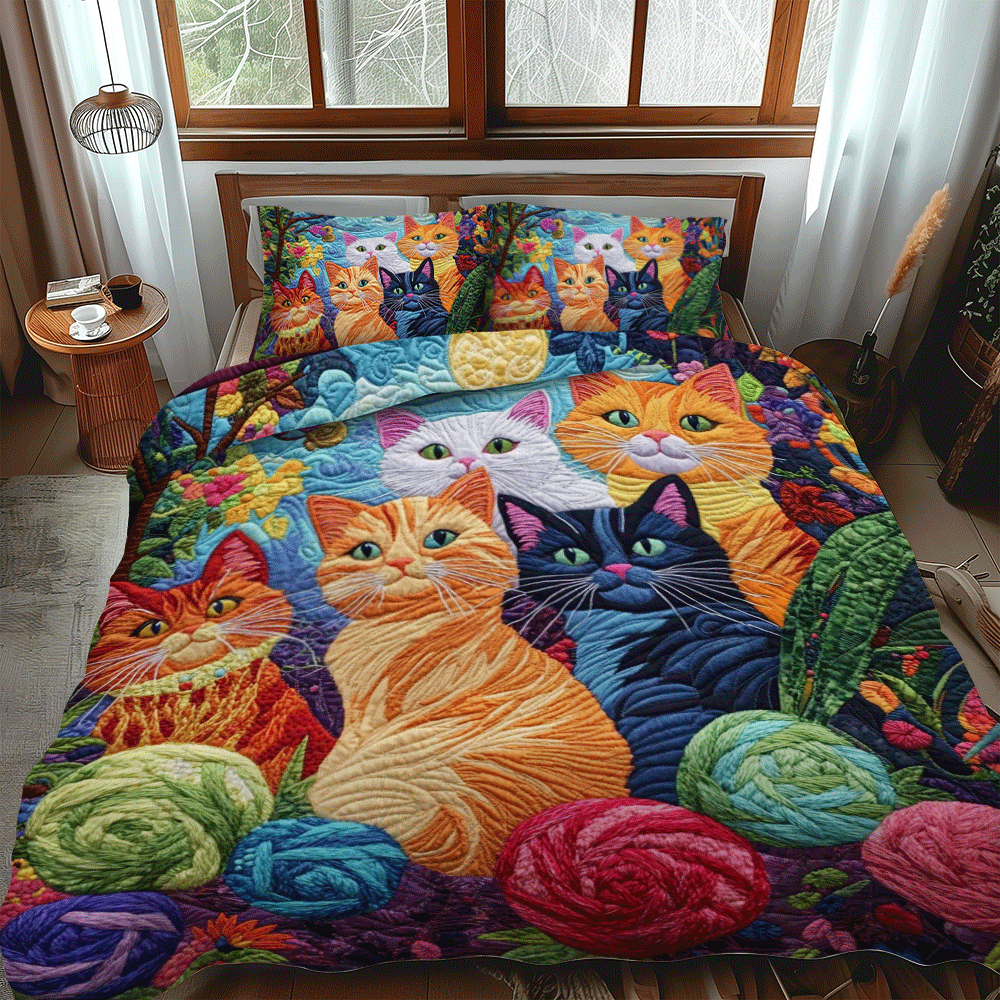 Funky Yarn Cat Quilted Bedding Set Bedroom Decor Cat Person Gifts