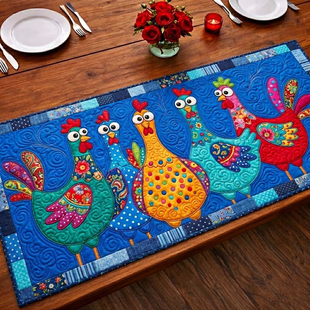 Funny Chicken Quilted Table Runner Bohemian Style Table Runner Chicken Christmas Gifts