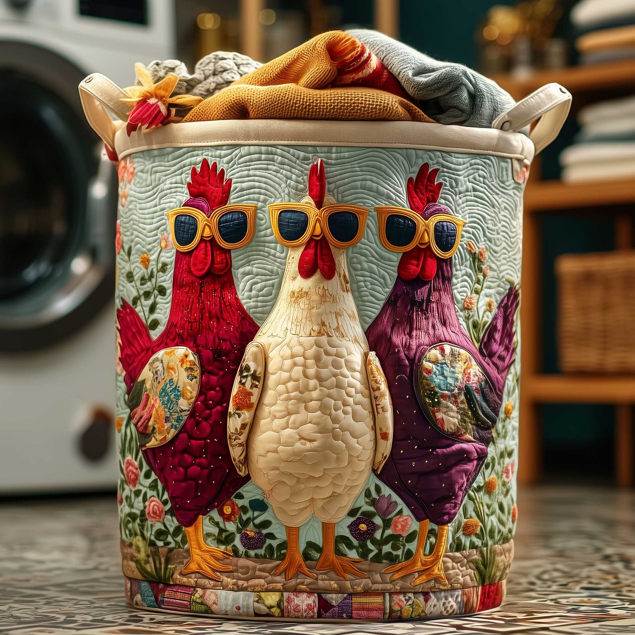 Funny Cool Chickens Quilted Laundry Basket Colorful Chicken Clothes Hamper Gift For Her