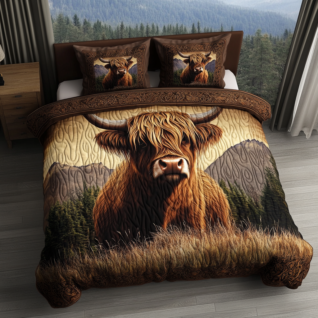 Furry Highlander Quilted Bedding Set Unique Bed Sheet Set Good Presents For Farmers