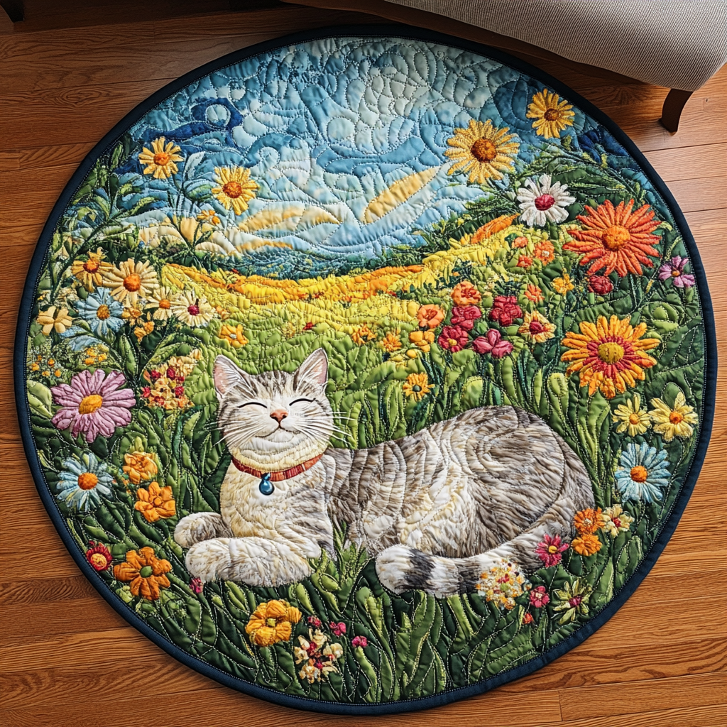 Furry Nap Joy Quilted Round Mat Round Floor Rugs Birthday Presents For Cat Lovers