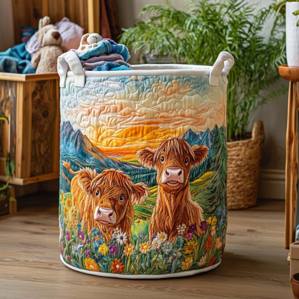 Fuzzy Horizon Quilted Laundry Basket Home Decor Highland Cow Presents