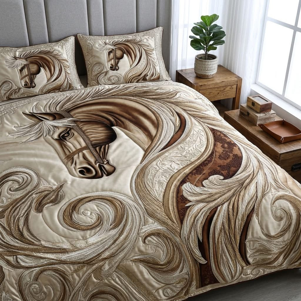 Galloping Horse Quilted Bedding Set Elegant Animal Bed Comforter Set Gift For Horse Lover