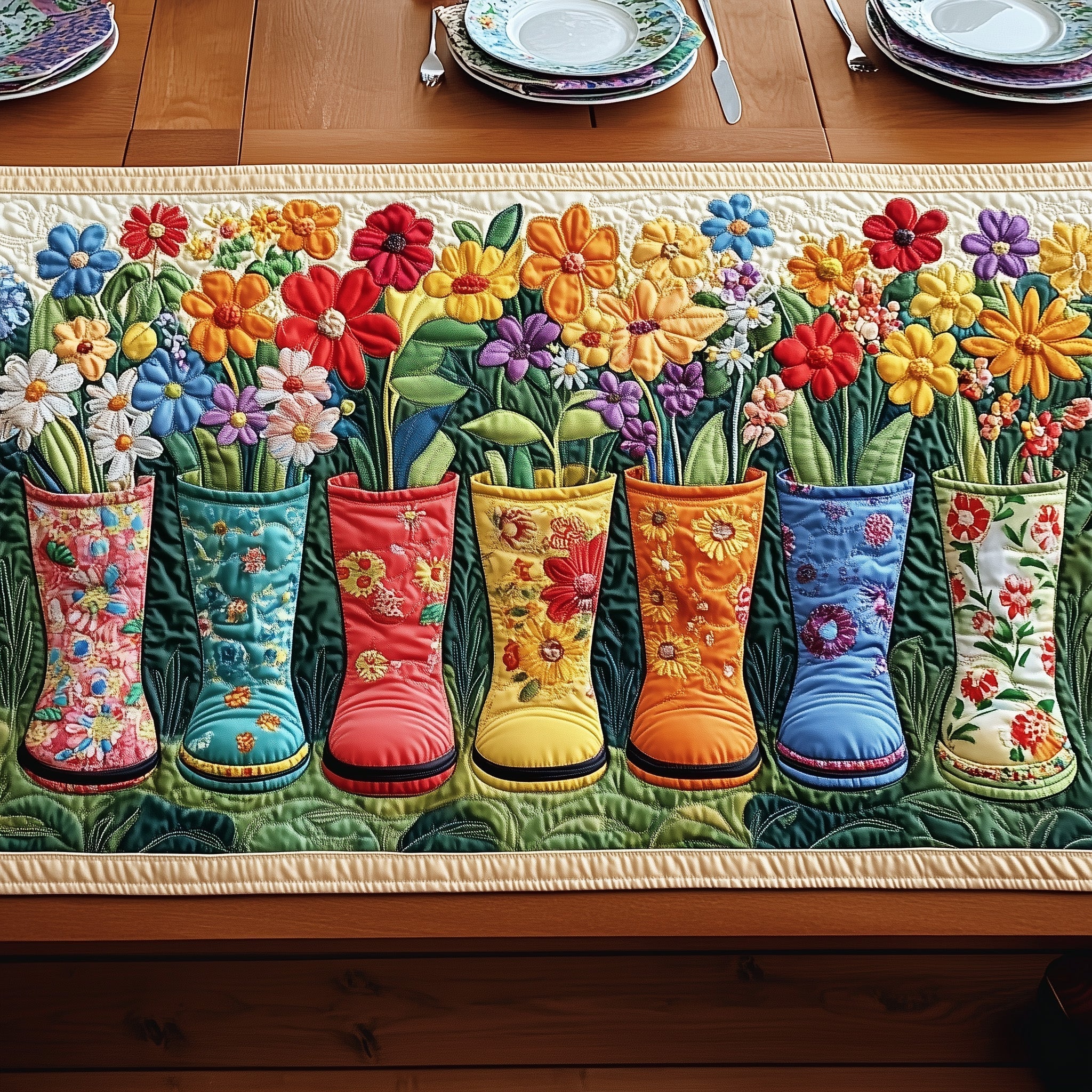 Garden Boot Delight Quilted Table Runner Flower Table Runner Best Birthday Gifts For Mothers
