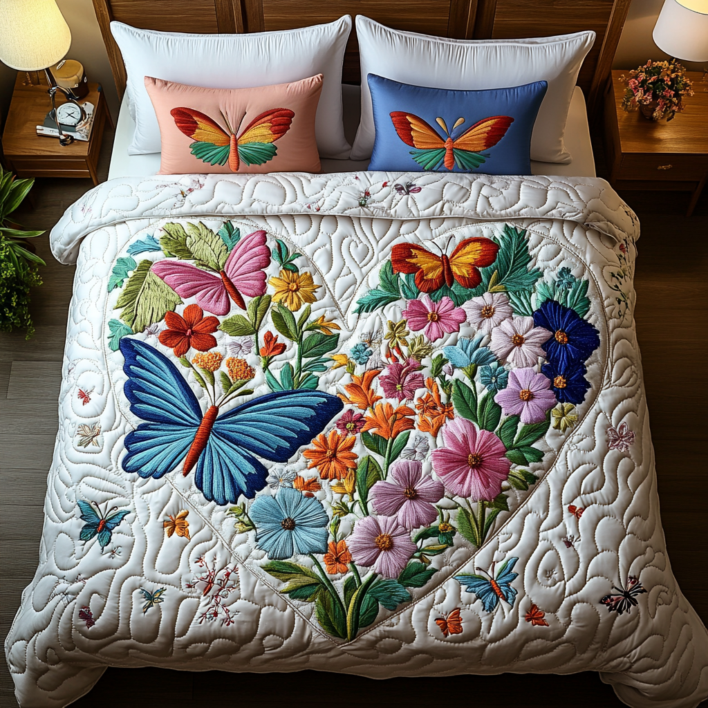 Garden Harmony Quilted Bedding Set Cute Room Decor Birthday Gifts With Butterflies