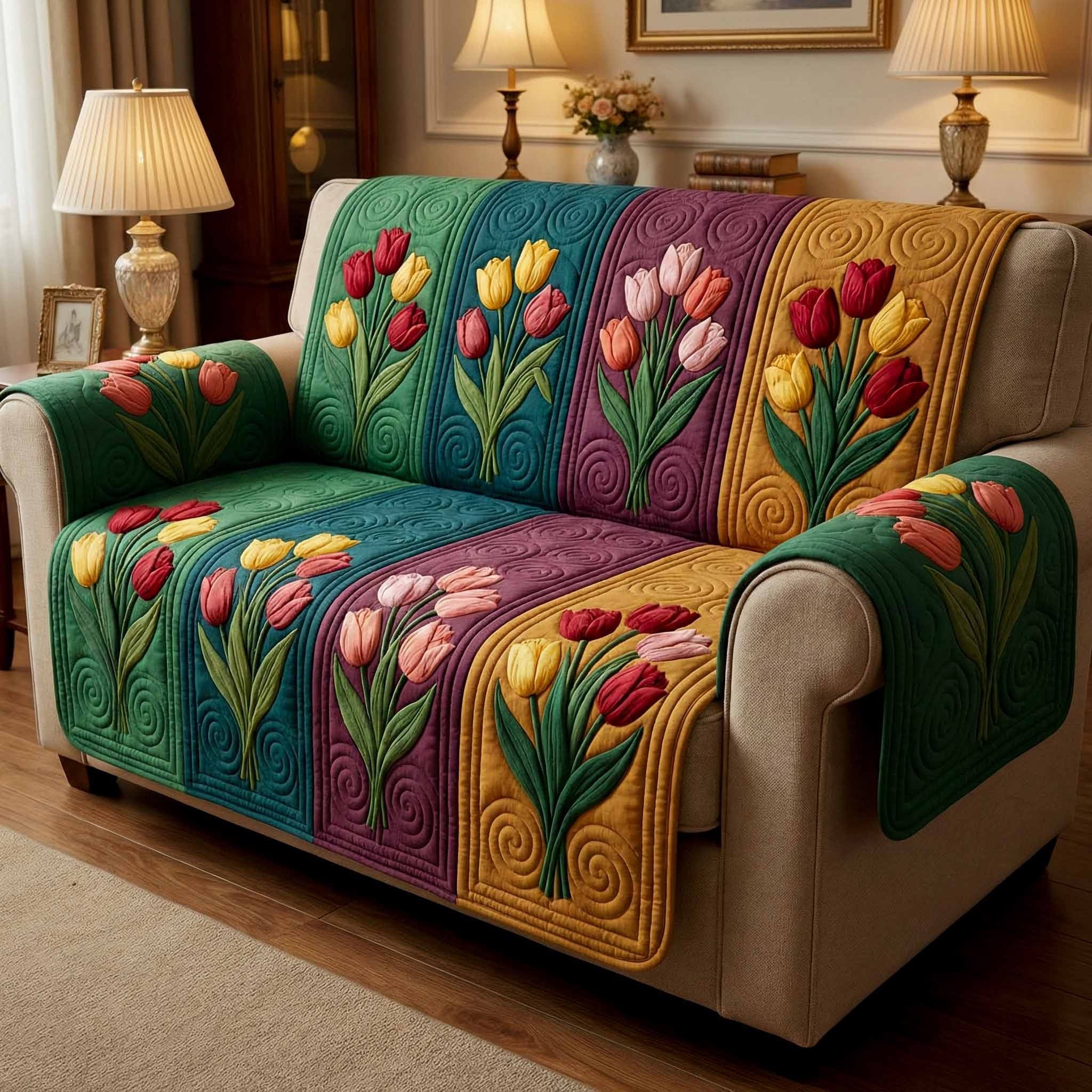 Garden Harmony Quilted Sofa Cover Vibrant Tulip Sofa Protector Best Housewarming Gift