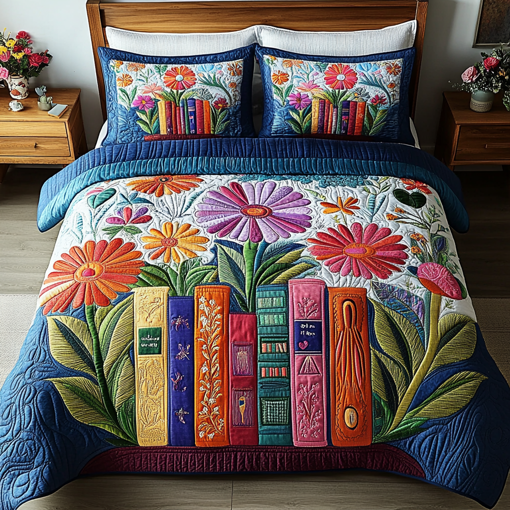 Garden of Books Quilted Bedding Set Unique Bed Sheet Set Good Gifts For Readers