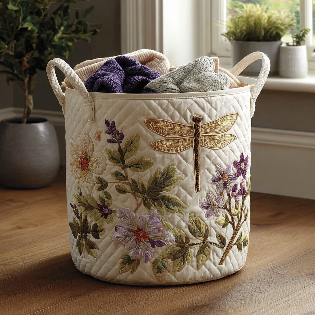 Garden Whisper Quilted Laundry Basket Dragonfly Floral Hamper Fabric Nature Lover Gift
