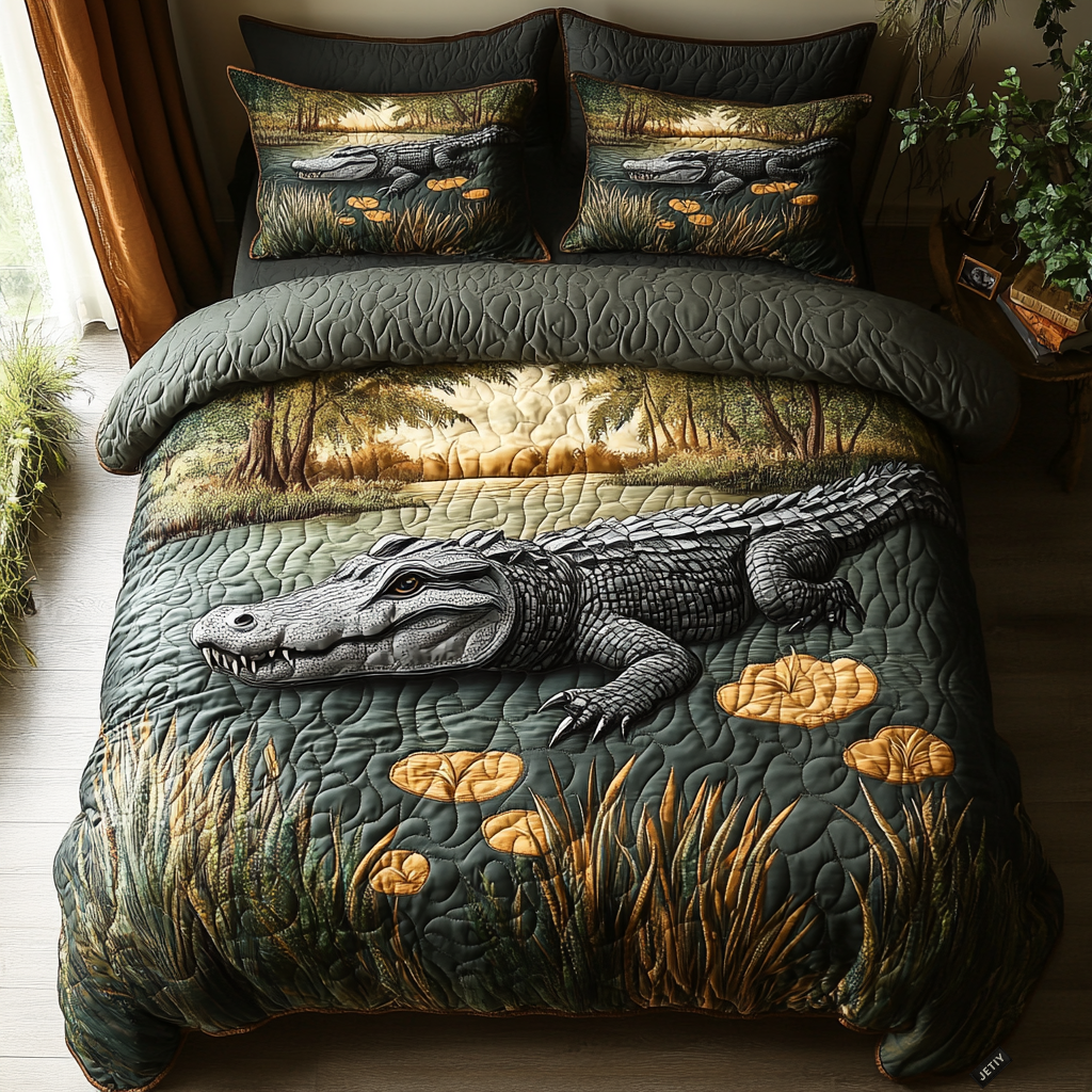 Gator Swamp Quilted Bedding Set Best King Bedding Sets Alligator Themed Gifts