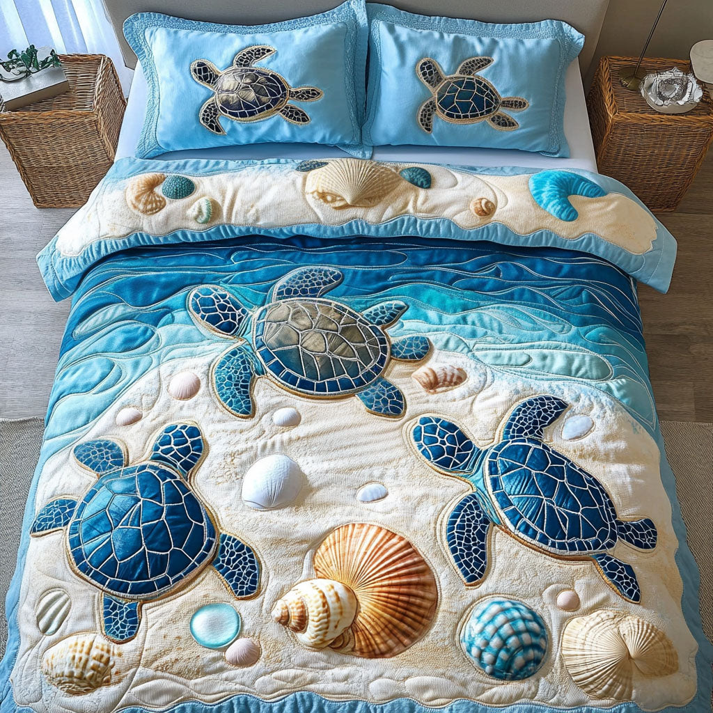Gentle Turtle Waves Quilted Bedding Set Bedspread Set Unique Gifts For Beach Lovers