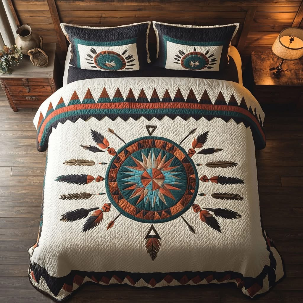 Geometric Medallion Feather Native Bedding Set Lodge Style Southwestern Bed Decor Gift