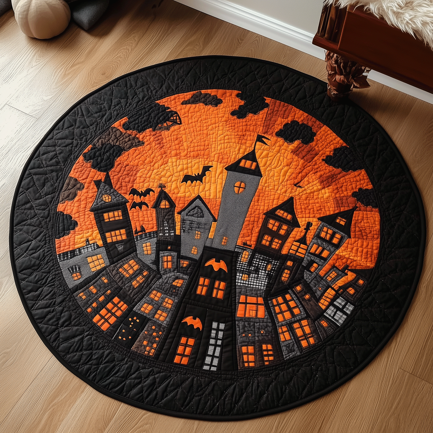 Ghostly Cityscape Quilted Round Mat Small Round Carpets Halloween Gift Ideas